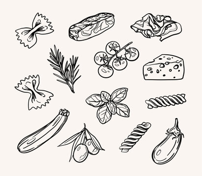 Collection of black ink style hand drawn vector illustrations of italian cuisine ingredients - pasta, cheese, ham, tomatoes, zucchini, aubergine, basil, thyme, olives