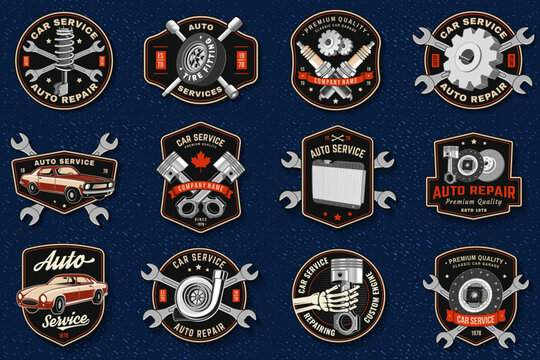 Vintage Car Service Badge Bundle Vector Collection. Retro Garage Auto Repair Emblems and Automotive Patches
