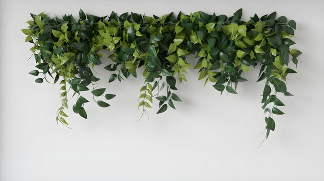 horizontal arrangement of lush, cascading green foliage against a plain white background. The leaves are dense and vibrant, varying in shades of green, creating a natural and fresh appearance. The fol