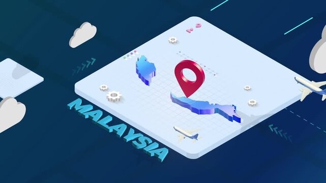 Isometric 3D Render of Malaysia Map with Red Location Pin Pointer and Floating Airplanes