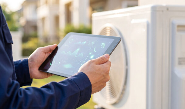 HVAC Technician Monitoring Outdoor Air Conditioner With Digital Tablet