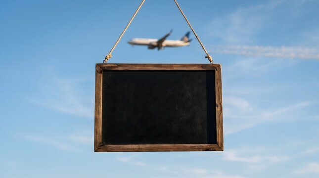 Black Sign With German Text Wir Sind Dann Mal Weg Blurred Airplane Blue Sky Warmer Light Copy Space