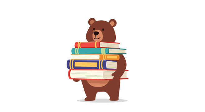 Cute brown bear character standing and carrying a tall stack of colorful hardcover books for study or leisure reading.