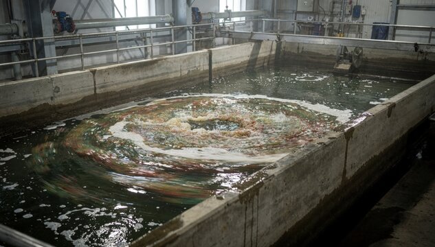 Medium shot of a flocculation tank in an effluent treatment plant with swirling colored wastewater undergoing chemical coagulation for pollutant removal.