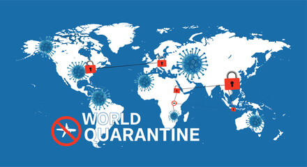 Naklejka premium Global map showing world quarantine with red padlocks and virus icons representing international travel restrictions and lockdowns.