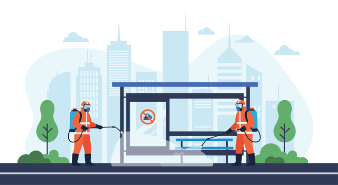 Sanitation workers in orange hazmat suits spraying disinfectant at a city bus stop for public health and safety prevention.