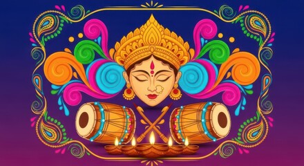 Obraz premium Colorful illustration of Goddess Durga with traditional drums and glowing oil lamps for the Hindu festival of Navratri