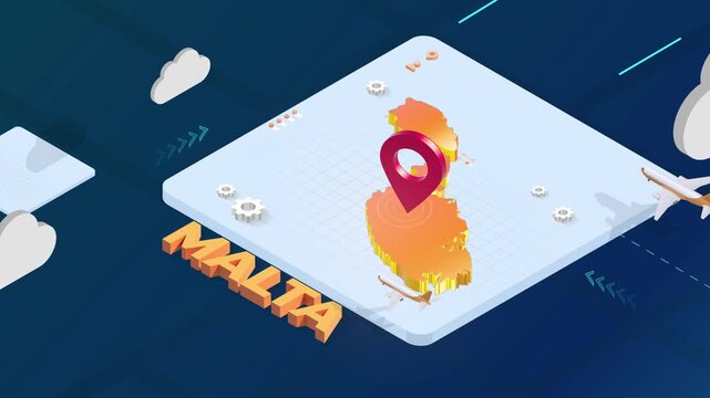 Isometric 3D Render of Malta Map with Red Location Pin Pointer and Floating Airplanes