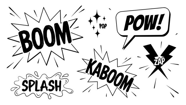 Sound Effect Words in Comic Style Speech Bubbles with Pow Zap Boom Kaboom and Splash Featuring Soundeffect, Pop, Speechbubble