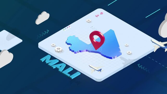 Isometric 3D Render of Mali Map with Red Location Pin Pointer and Floating Airplanes