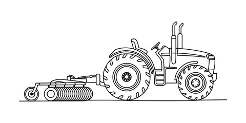 Black and white line drawing of a farm tractor pulling a soil roller equipment for agricultural field work © Surjo Stocker_2026