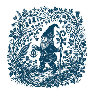 Cute Wizard Gnome with Lantern Vector Illustration