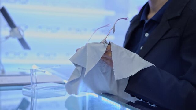 Person fitting eyewear in optical shop while holding a cleaning cloth in their hands