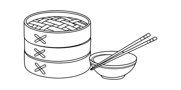 Bamboo steamer basket with dim sum and a bowl with chopsticks for eating asian food