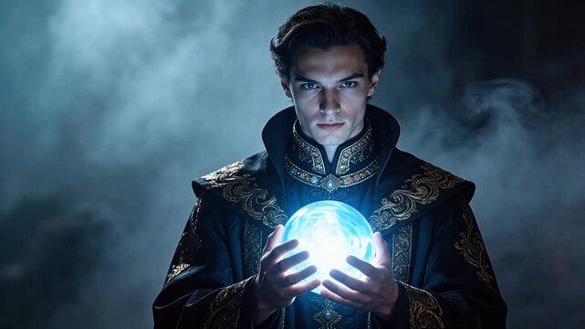 Man in ornate robe holding glowing orb