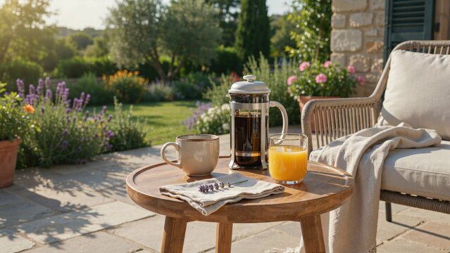 Morning breakfast on a sunny garden patio with coffee and orange juice
