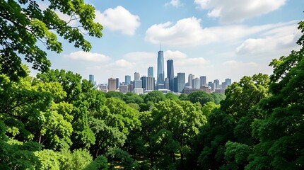 Fototapeta premium Lush Green Foreground Framing a Distant City Skyline Under Clear Sky Landscape View.