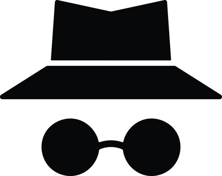 Black and white incognito icon featuring a hat and sunglasses representing private browsing, data privacy, spy, and secret agent