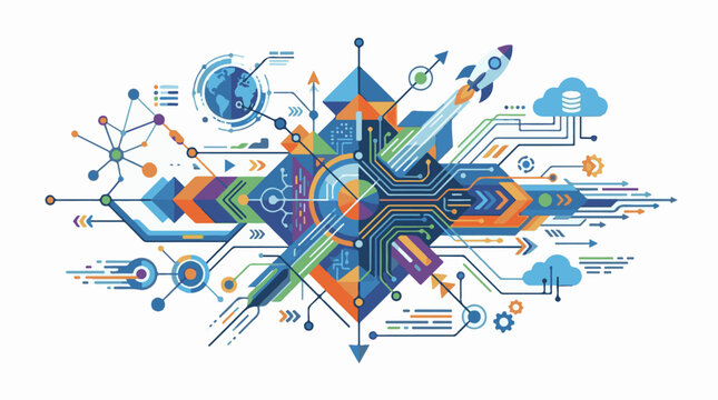 Abstract futuristic digital network with rocket launch and cloud