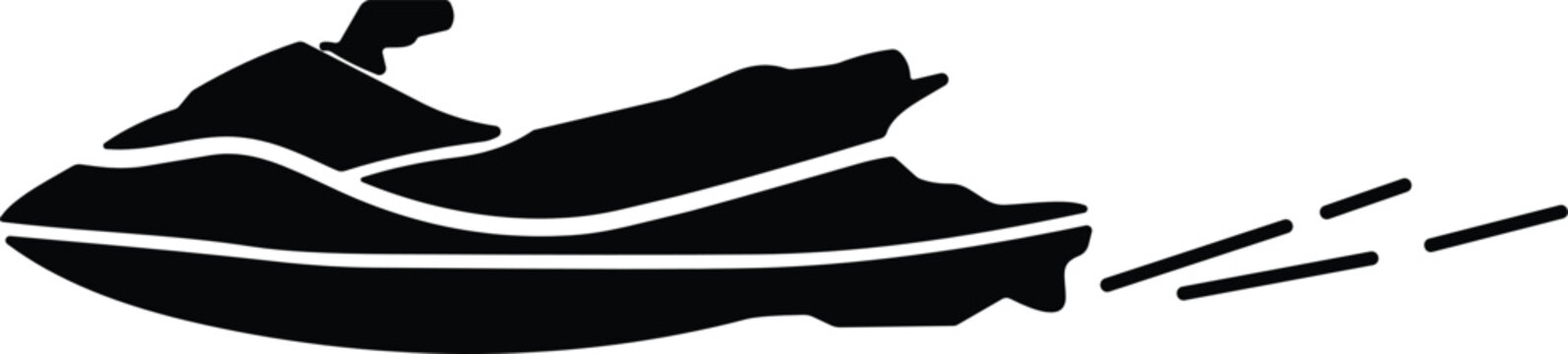 Black and white jet ski silhouette showing side view profile with speed motion lines for summer water sports concept