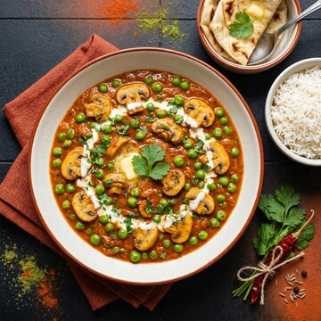 Mushroom Matar: North Indian Mushroom and Peas Curry in a Flavorful Onion-Tomato Gravy, Perfect with Rice or Roti