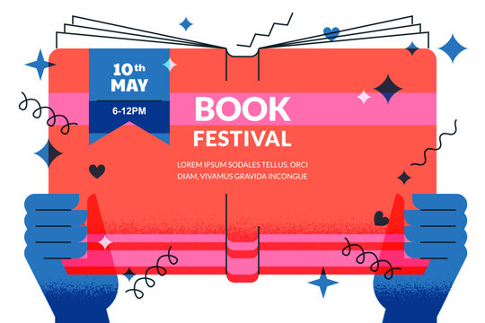 Person holding book and reading. Vector flat geometric illustration. Festival, bookstore banner poster design elements