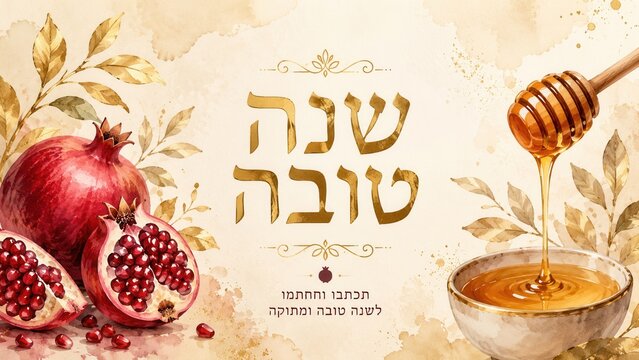 Elegant Rosh Hashanah greeting card with honey dipper pomegranate watercolor design and Hebrew text