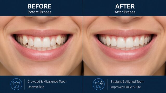 Orthodontic treatment before and after comparison showing teeth alignment correction and smile improvement