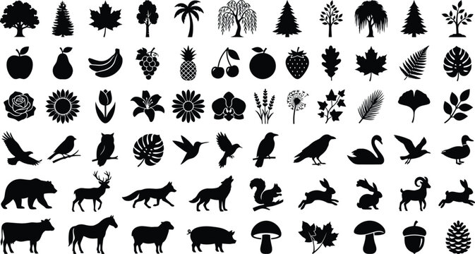 Black and white of various animals, birds, and sea creatures in a seamless pattern