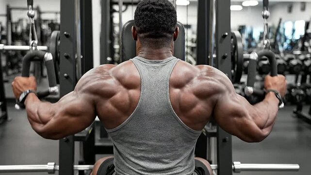 Bodybuilder Performing Seated Cable Row Exercise in Modern Gym Highlighting Strength and Muscle Definition