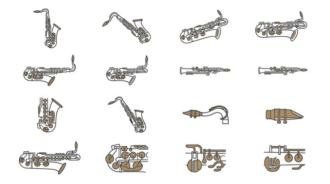 Saxophone parts and musical instrument line icon set.