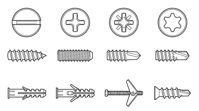 Screw head types and wall anchor hardware icons