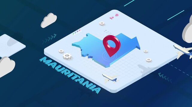 Isometric 3D Render of Mauritania Map with Red Location Pin Pointer and Floating Airplanes