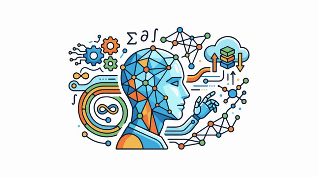 Abstract digital head with network nodes gears and data cloud