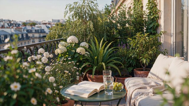 Cozy Parisian balcony garden with lush plant, sofa, book, and city view