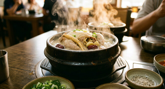 Steaming Korean ginseng chicken soup samgyetang served in earthenware pots at traditional Korean restaurant with side dishes and pepper bowl
