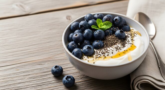 A bowl of creamy yogurt topped with fresh blueberries and chia seeds.