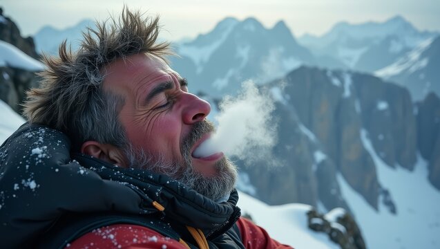 Exhausted Climber Resting on Snowy Ridge. Extreme Fatigue in Mountains. Survival Pause in Expedition.