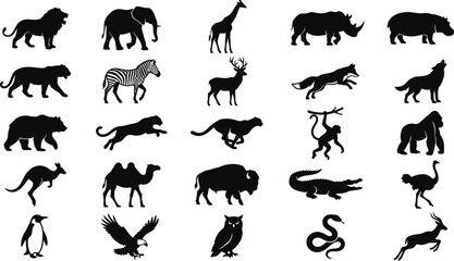 Obraz premium Black and white of various animals, birds, and sea creatures, isolated on white background elephant
