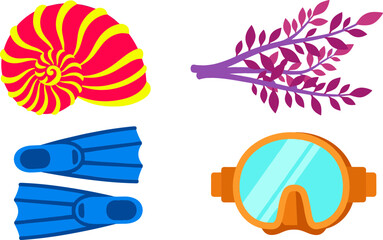 Snorkeling and Marine Life Vector Illustration Set Featuring Spiral Nautilus Seashell, Purple Seaweed Branch, Blue Diving Flippers, and Orange Scuba Goggles Mask © MstBobita