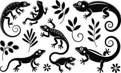 Fototapeta premium Decorative set of various black silhouette lizards and tropical foliage with silhouette wildlife collection isolated tropical botanical illustration creature climbing elements creative