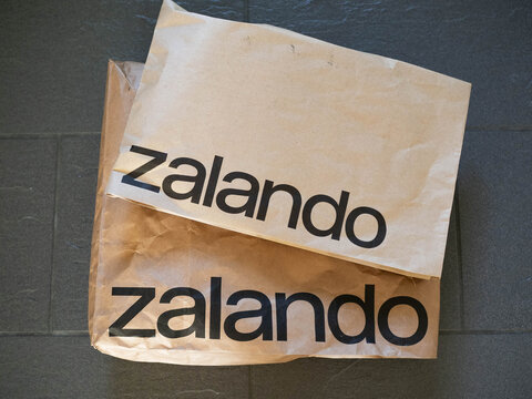 Zalando paper shopping bag for online fashion retail and ecommerce delivery, European online shopping, Amsterdam the Netherlands, 25 June 2026 