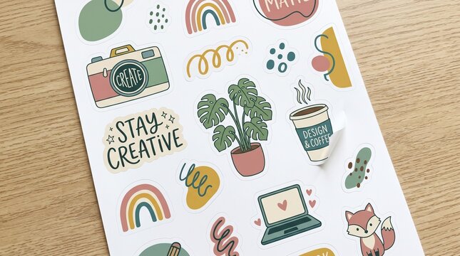 Die cut sticker sheet featuring creative lifestyle illustrations and motivational quotes on wooden background