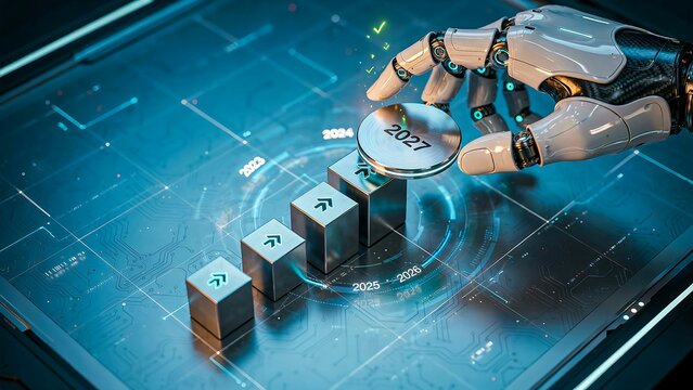 Robotic hand placing 2025 block on growth chart with business success concept