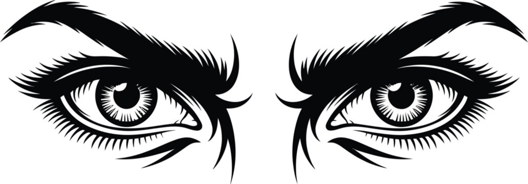 Detailed pair of sharp intense eyes with thick eyebrows illustration monochrome features sharpness determined piercing eyelashes expression emotions powerful menacing dramatic