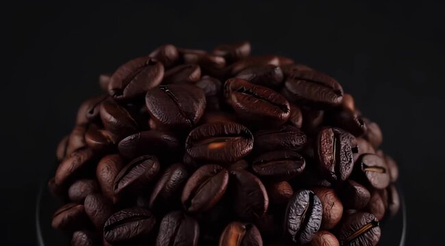 Coffee bean dark roast aromatic closeup food caffeine beverage brown macro pile on black background with rich roasted bean texture cozy warm season mood caffeine aroma concept
