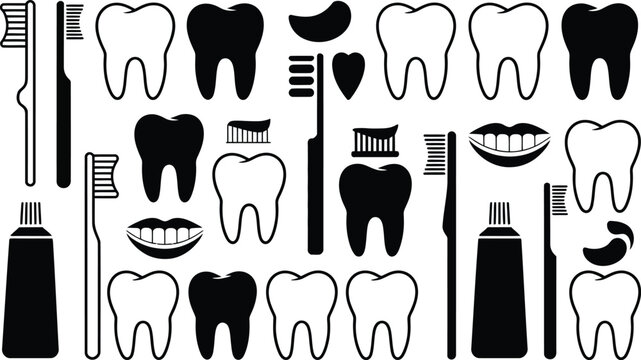Dental care icons set featuring teeth toothbrushes and toothpaste toothbrush toothpaste dentistry silhouette illustration collection treatment preventive brushing stomatology dentalcare