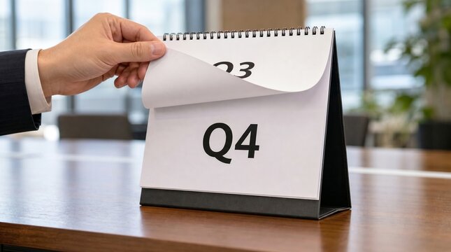Businessman Hand Turning Spiral Calendar Page From Quarter Three To Quarter Four, Office Financial Planning Session
