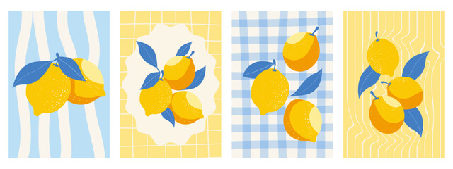 Fototapeta premium Juicy lemons with leaves poster set. Mediterranean illustration.