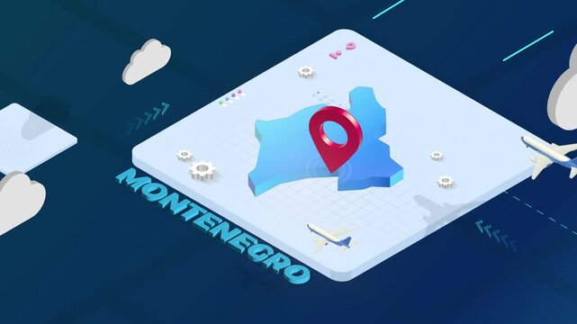 Isometric 3D Render of Montenegro Map with Red Location Pin Pointer and Floating Airplanes